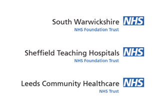NHS logos for South Warwickshire, Sheffield Teaching Hospitals, and Leeds Community Healthcare