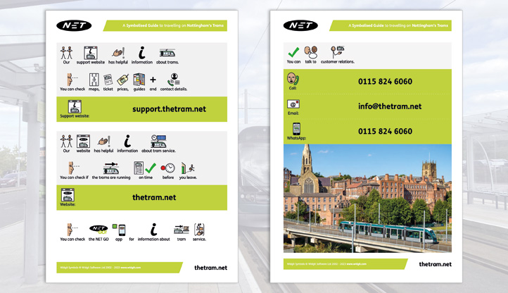 2 pages from the symbol guide to travelling on Nottingham trams