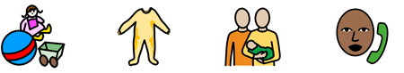 Symbols for toy, babygrow, family, phone
