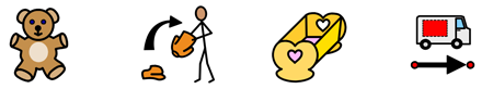 Symbols for: teddy, clothes, crib, delivery