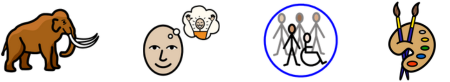 Symbols for: woolly mammoth, creative, community, art