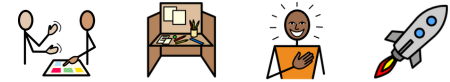 Symbols for: communication, desk, happy, rocket