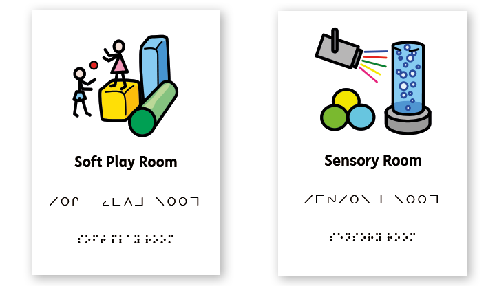 signs with Widgit Symbols, Moonwriting and Braille