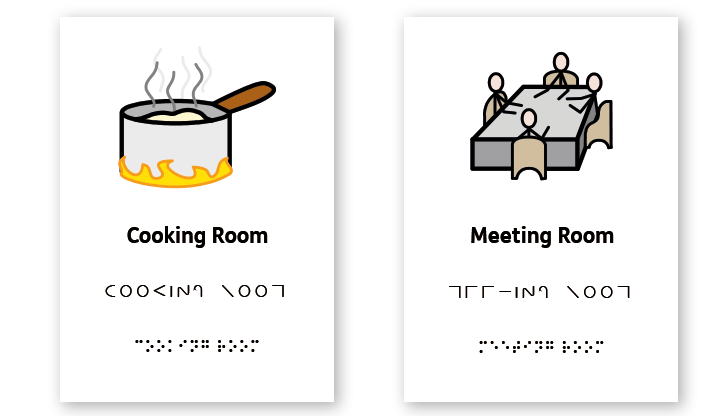 signs with Widgit Symbols, Moonwriting and Braille