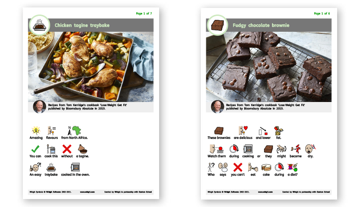 Widgit Symbol-Supported Tom Kerridge Recipes. Chicken tagine traybake and fudgy chocolate brownie.