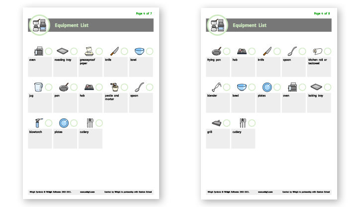 Equipment list from the Widgit Symbol-Supported Tom Kerridge Recipes.