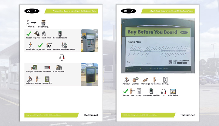 2 pages from the symbol guide to travelling on Nottingham trams