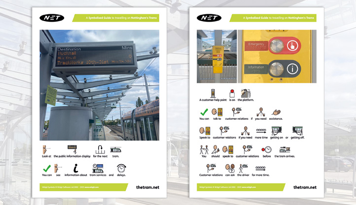 2 pages from the symbol guide to travelling on Nottingham trams