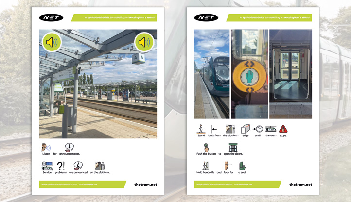 2 pages from the symbol guide to travelling on Nottingham trams
