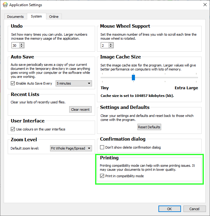 compatibility printing setting