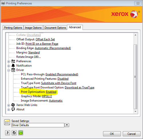 Xerox Printer Preferences - Print Optimization Enabled