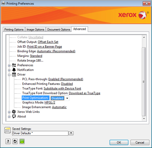 Xerox Printer Preferences - Print Optimization Disabled